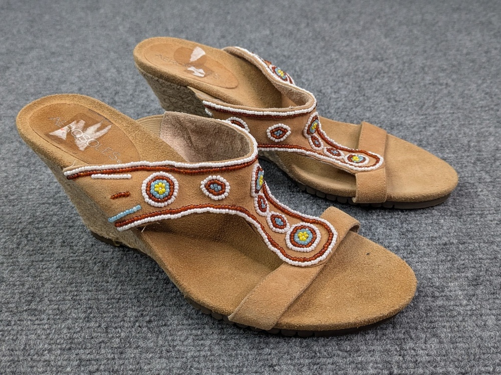 Aerosoles Sandals Shoes Womens 8 Beige Suede Beaded Espadrille Wedge Heel